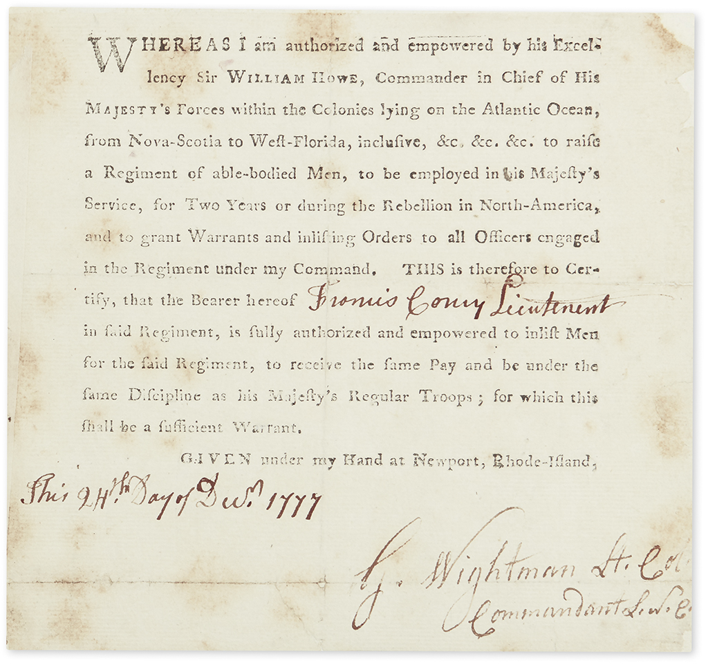 (AMERICAN REVOLUTION--1777.) Wightman, George. Commission issued to a recruiter for a Loyalist regiment in occupied Newport.